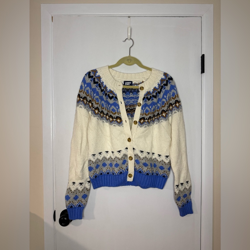 Lands' End Blue and Cream‎ Women's button up sweater